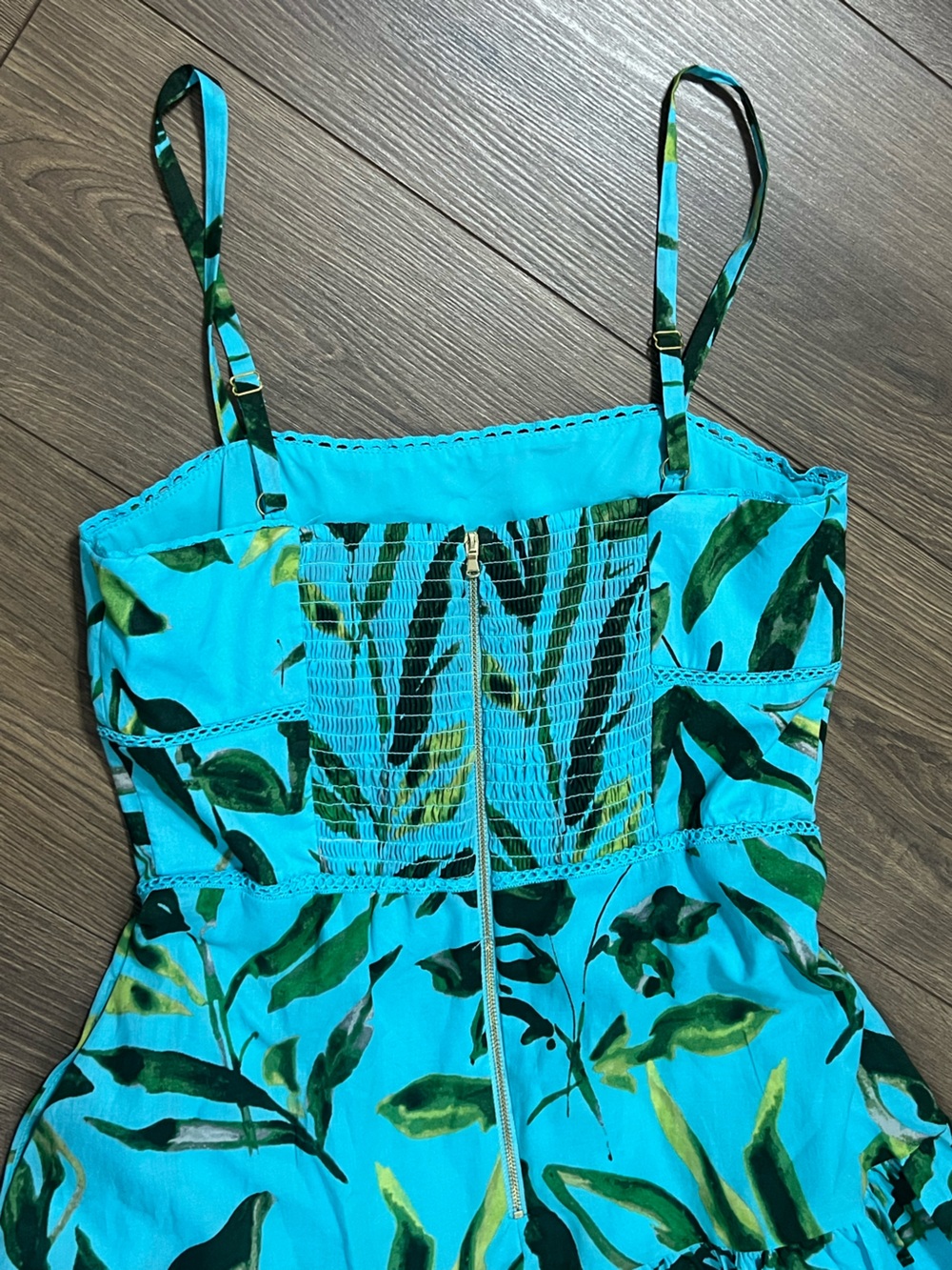 Taylor Aqua Tropical Leaf Smocked Tiered Sundress NWT Size 2 XS - Picture 5 of 8